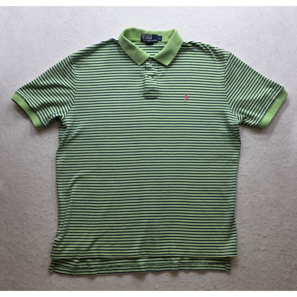 Polo Ralph Lauren Men's Green w Blue White Micro Stripes Polo Golf Shirt. Size L - Picture 2 of 8
